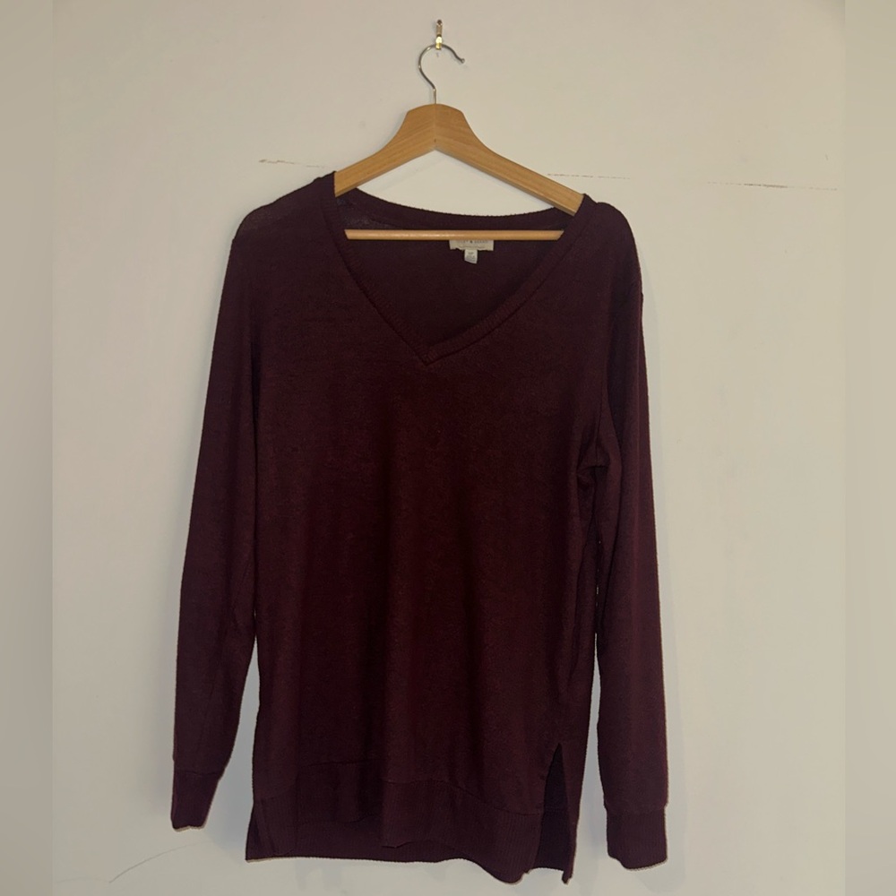Lucky Brand Deep Red/Maroon V Neck Marled Knit Tunic Sweater